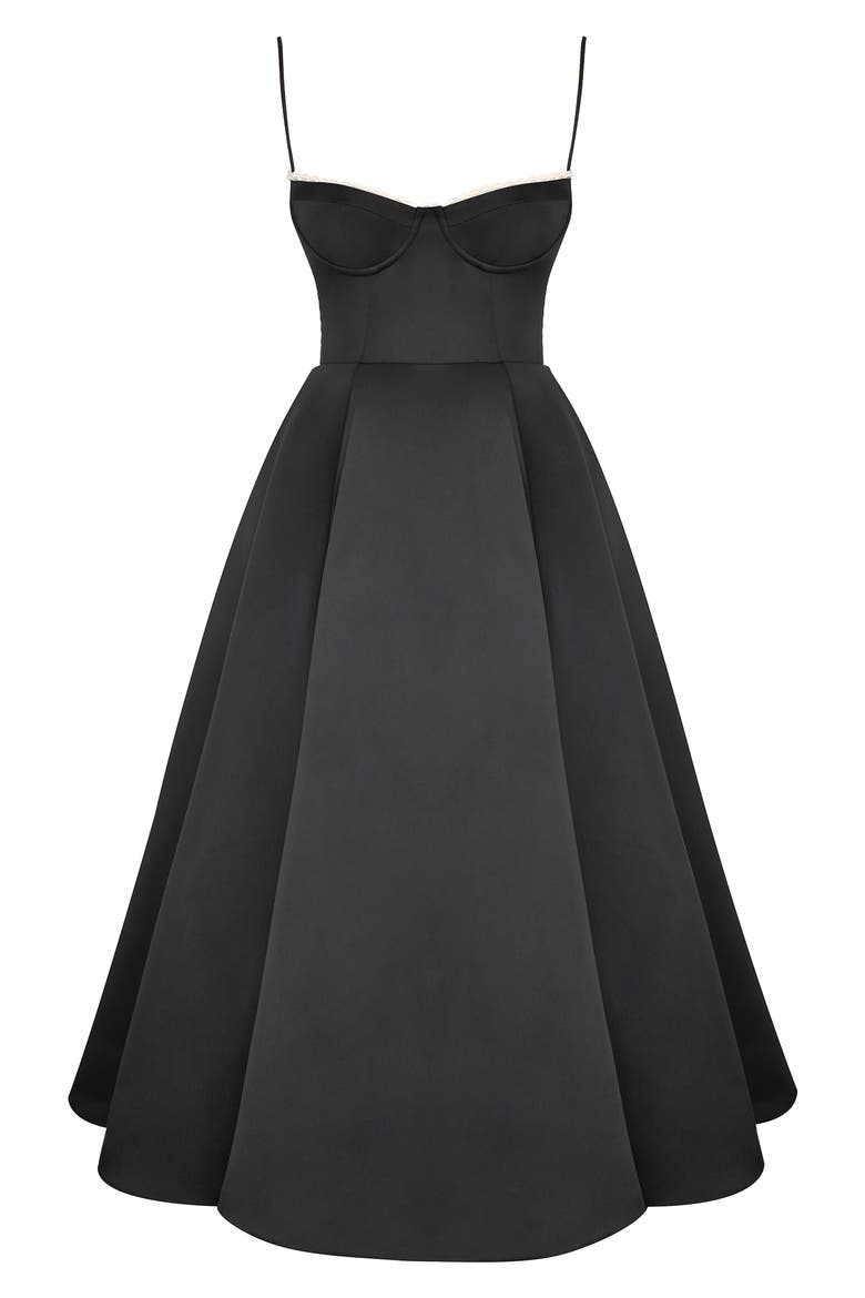 Mademoiselle Bustier Stretch Satin Midi Dress, Alternate, color, BLACK