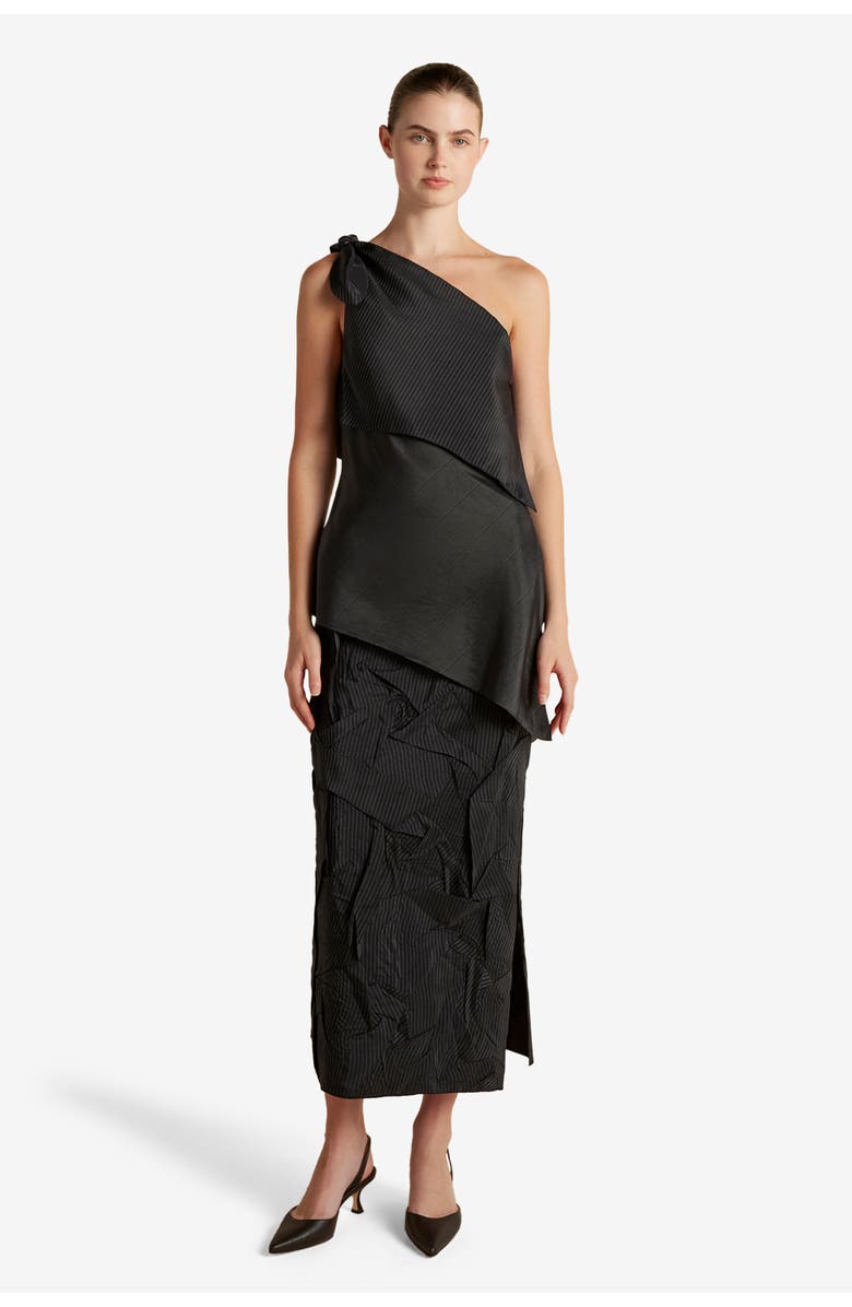 Marina Moscone Pinstripe Triangle Draped Top, Alternate, color, Black Pinstripe