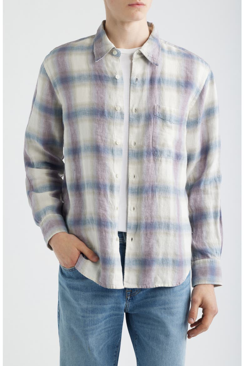 Linen & Organic Cotton Button-Up Shirt, Main, color, PURPLE OMBRE PLAID