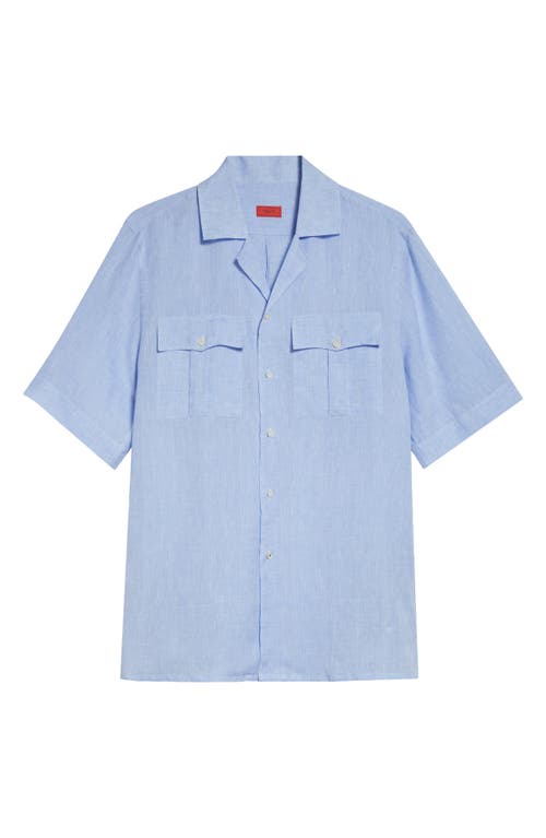 Isaia Superlino Short Sleeve Linen Button-up Shirt In Blue