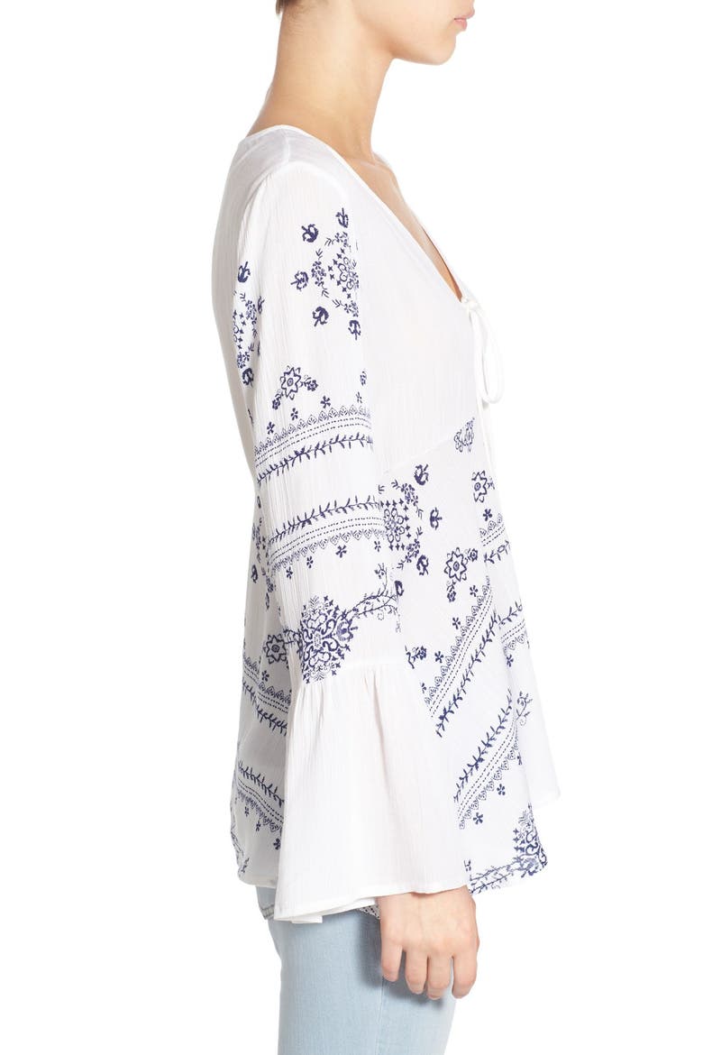 Print Lace-Up Peasant Top, Alternate, color, WHITE BANDANA PRINT