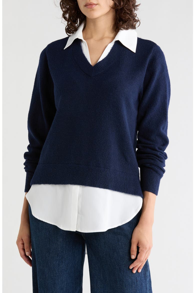Layered Look V-Neck Sweater, Main, color, PITCH NAVY