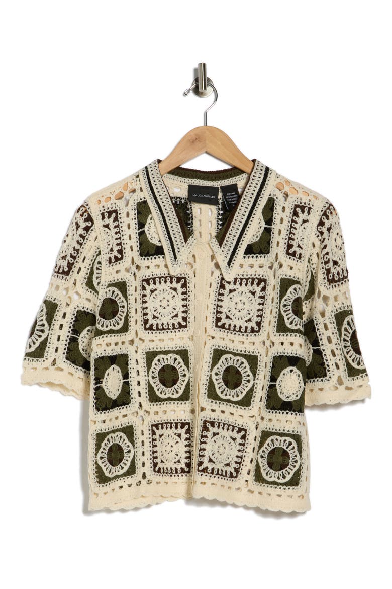 Open Knit Square Short Sleeve Cardigan, Alternate, color, NATURAL/ BLACK