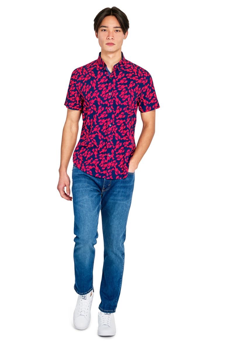 CONSTRUCT Lobster Short Sleeve Woven Button Down Shirt, Alternate, color, Navy/ Red