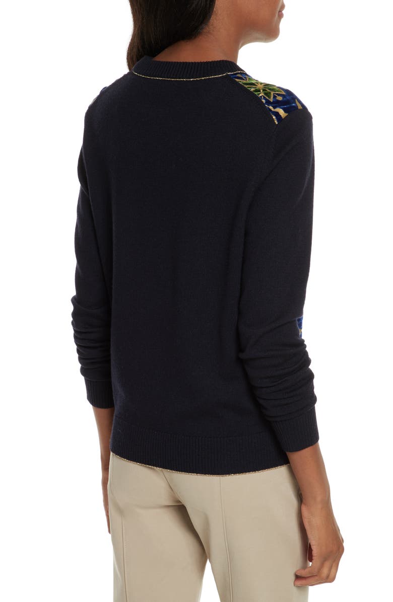 Tory Burch Hollis Print Velvet Front Sweater, Alternate, color,
