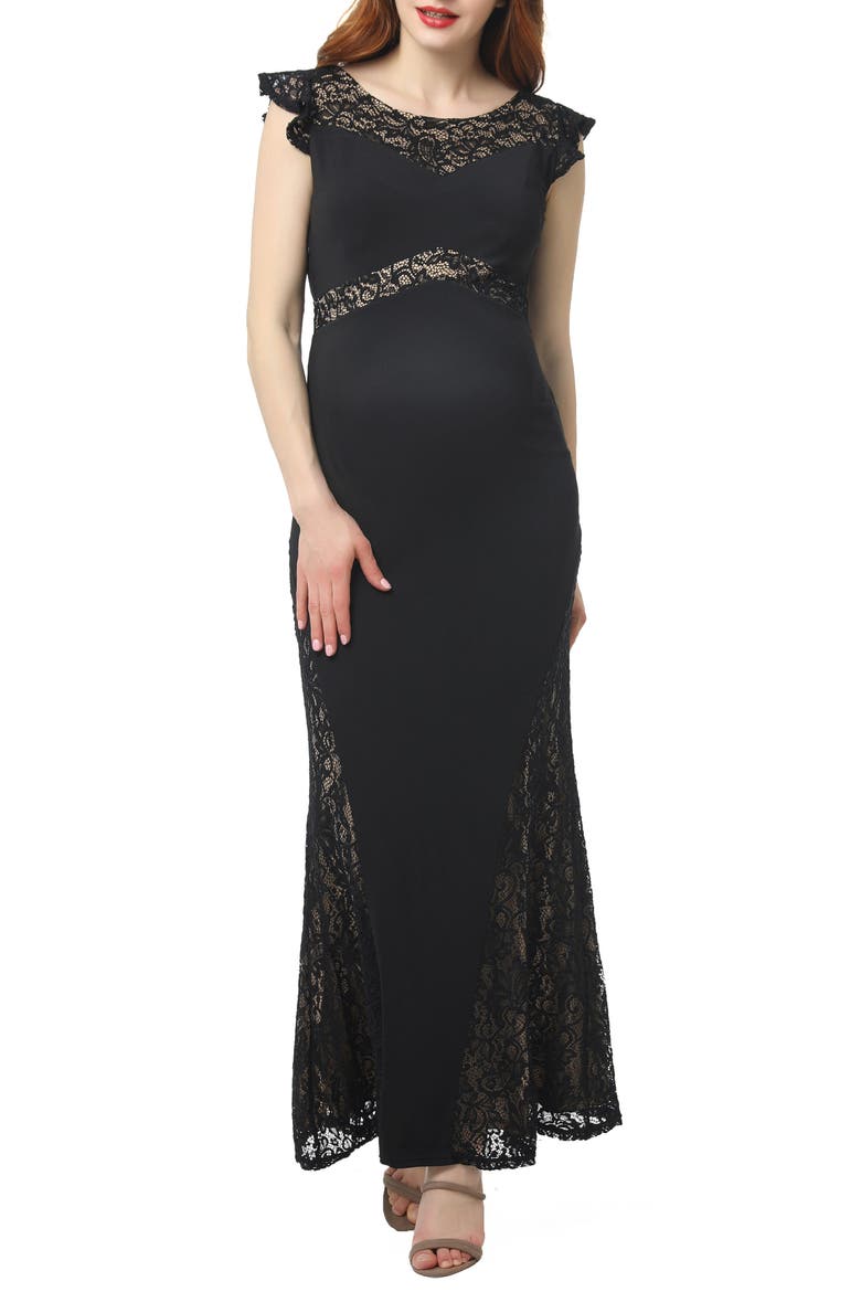 Audrey Lace Trim Maternity Gown, Main, color, BLACK