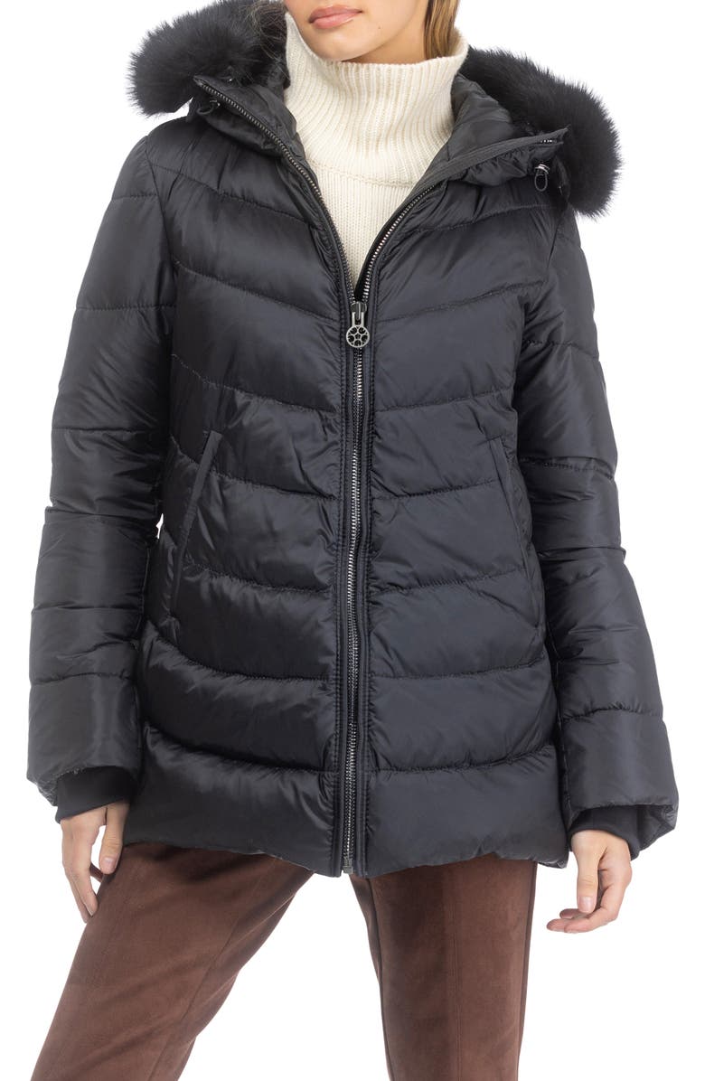 GORSKI Apres-Ski Mid Jacket With Detachable Genuine Shearling Hood Trim, Alternate, color, Black/Black