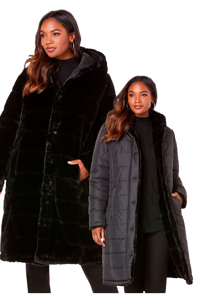 Plus Size 2 In 1 Puffer And Faux Fur Coat, Main, color, BLACK