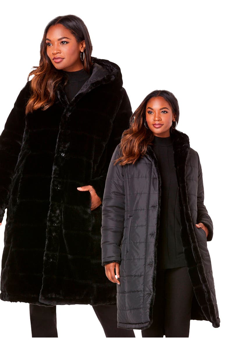 Roaman's Plus Size 2-in-1 Puffer and Faux Fur Coat, Main, color, Black