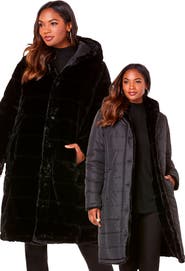 Roaman's Plus Size 2 In 1 Puffer And Faux Fur Coat