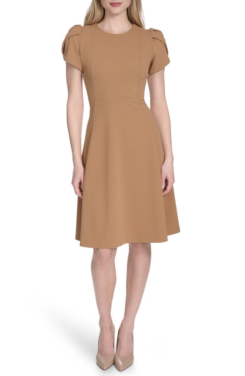 Calvin Klein Tulip Sleeve Fit & Flare Dress, Main, color, Luggage