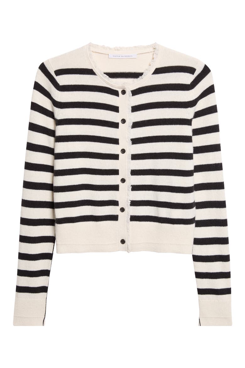Fringe Trim Stripe Cashmere & Organic Cotton Cardigan, Alternate, color, IVORY/ BLACK STRIPE