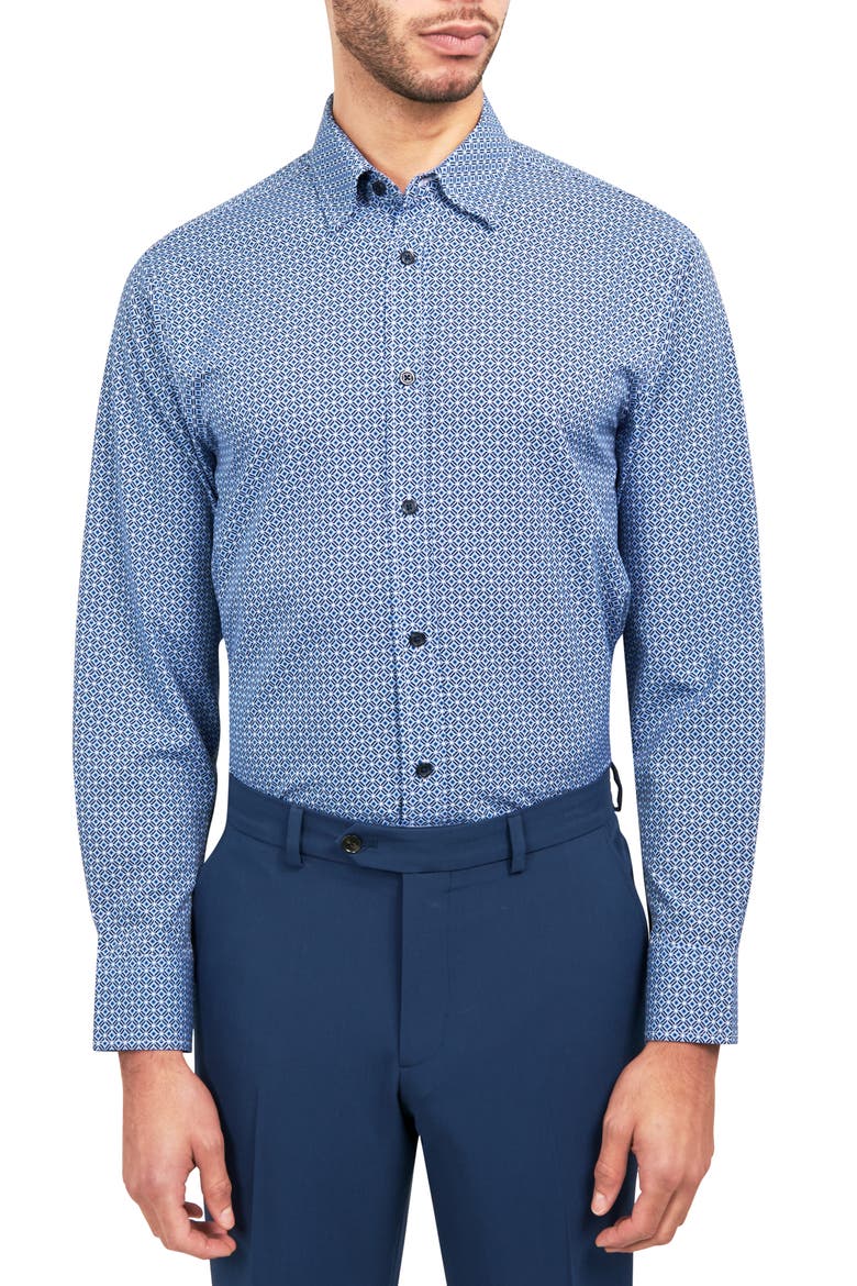 Regular Fit Mosaic Geo Print Stretch Performance Dress Shirt, Main, color, NAVY
