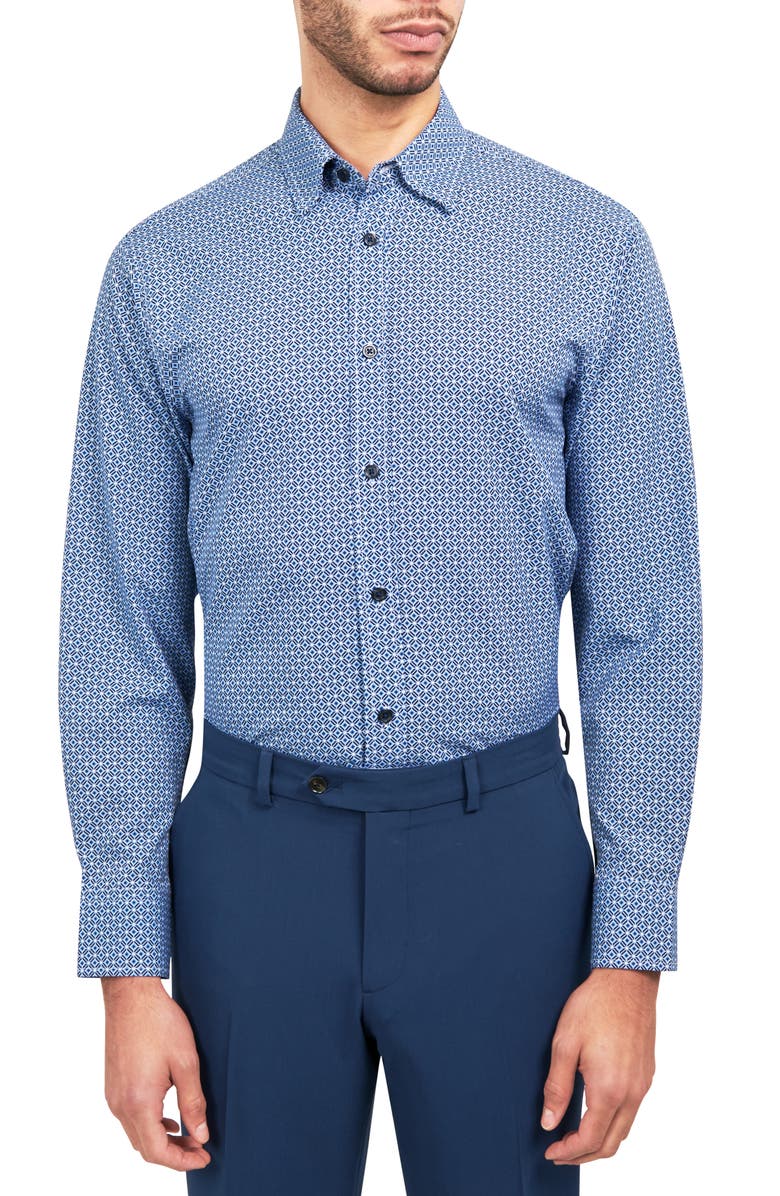 W.R.K Regular Fit Mosaic Geo Print Stretch Performance Dress Shirt, Main, color, Navy