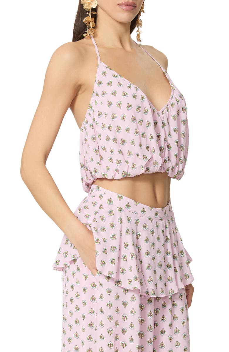 AFRM Ailee Micro Print Halter Bubble Hem Crop Top, Alternate, color, Crocus Foulard