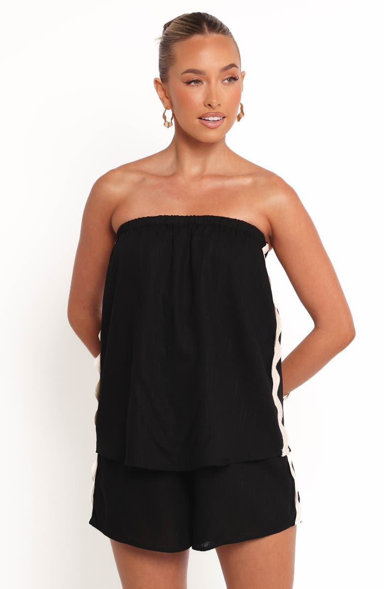 Petal & Pup Kristia Strapless Rickrack Trim Romper, Alternate, color, Black