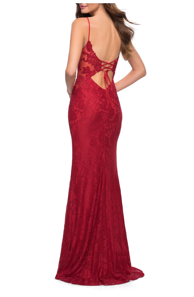 La Femme Sleek Lace Long Dress with Sheer Sides and Open Back, Alternate, color, Red