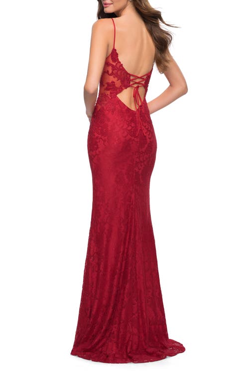 La Femme Sleek Lace Long Dress With Sheer Sides And Open Back