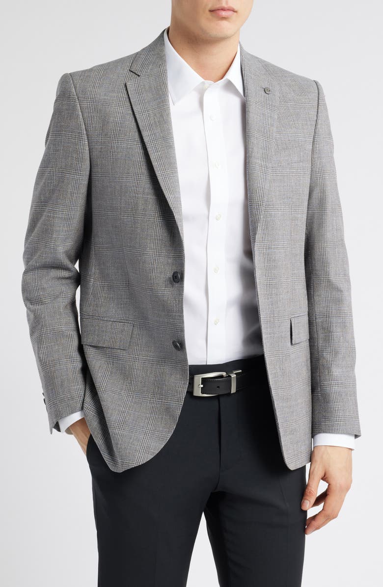 AllSaints Ross Slim Fit Glen Plaid Wool & Cotton Blend Sport Coat, Main, color, Grey