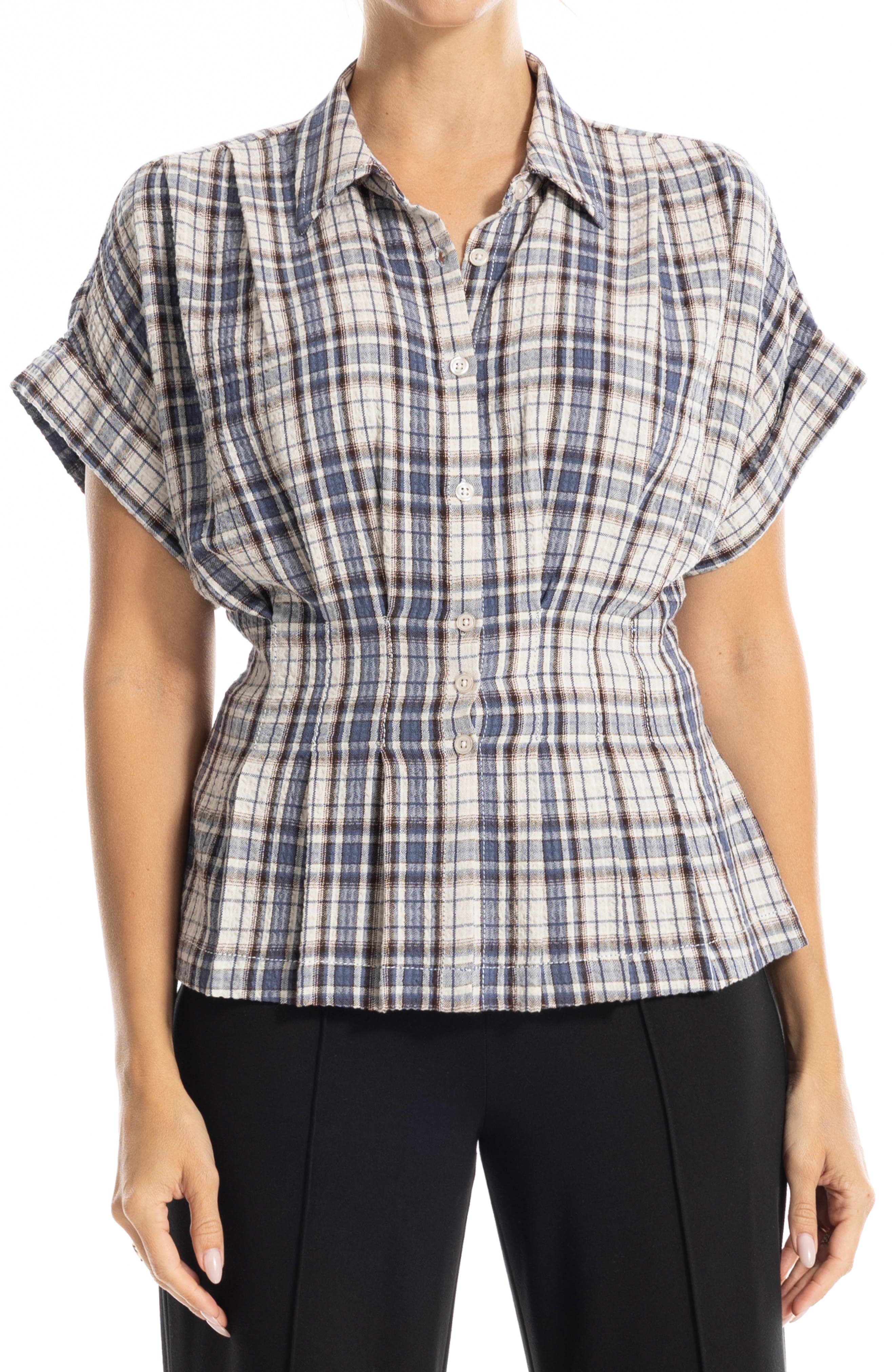 Plaid Pintucked Short Sleeve Shirt