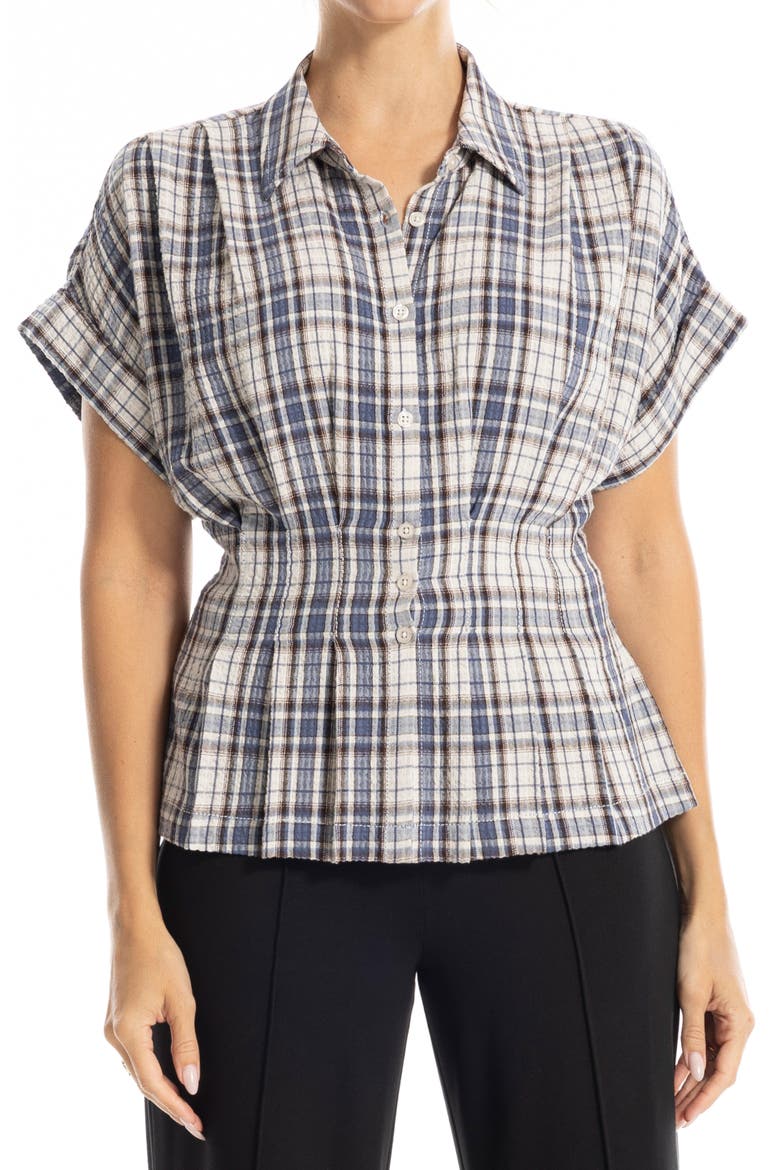 Plaid Pintucked Short Sleeve Shirt, Main, color, ECRU/ NAVY PLAID