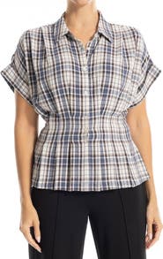 MAX STUDIO Plaid Pintucked Short Sleeve Shirt