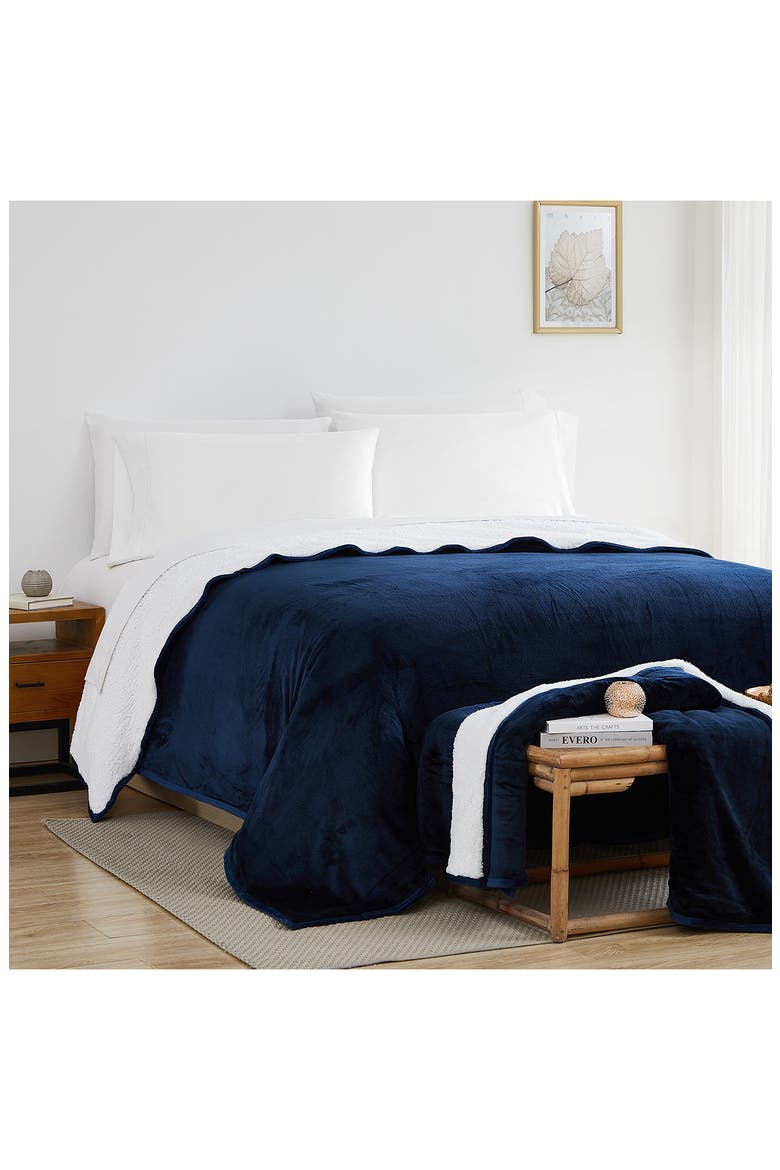 Faux Shearling Fleece Oversized Reversible Blanket, Alternate, color, NAVY BLUE