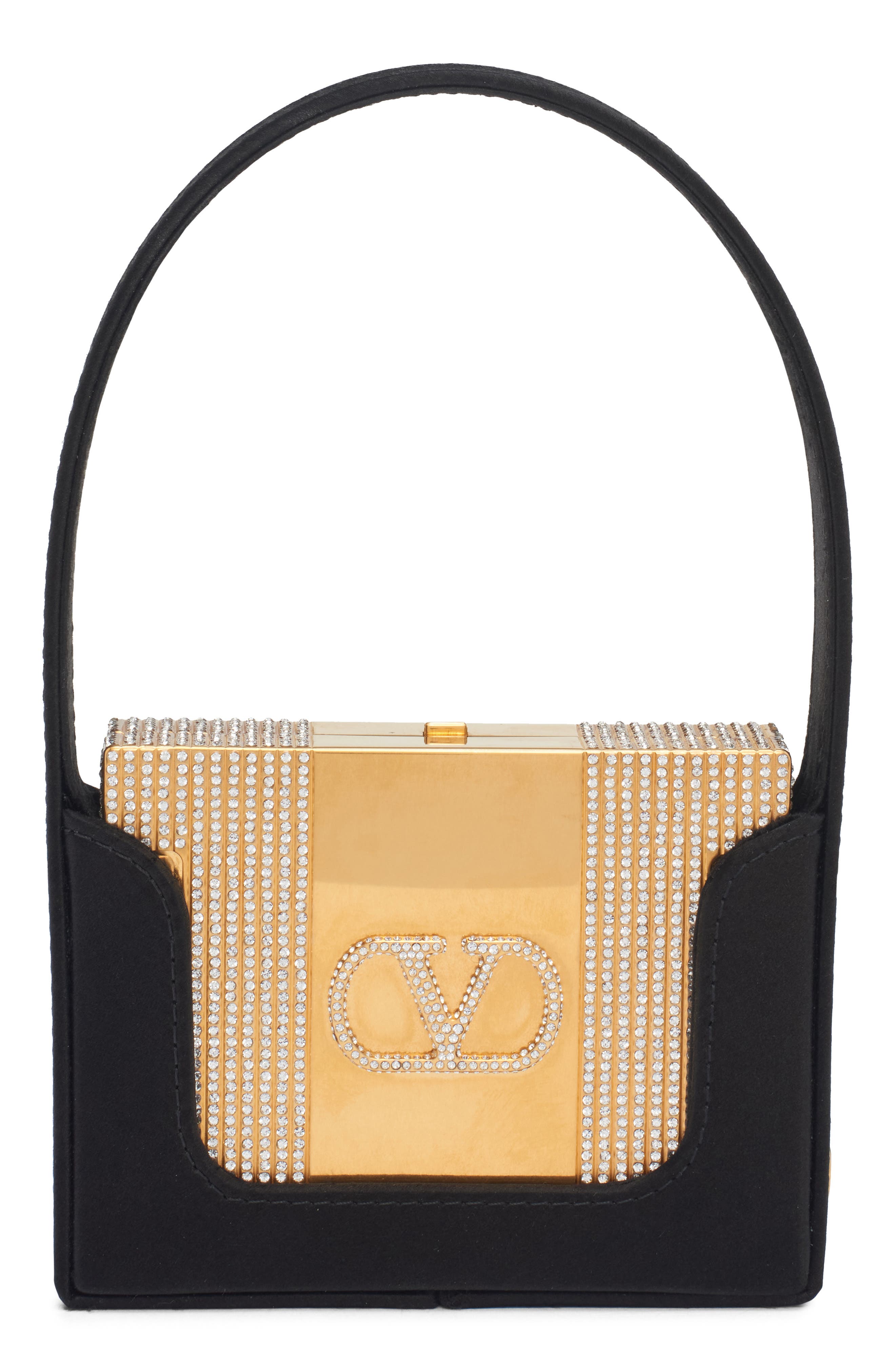Valentino Garavani Minaumorphe Minaudière Crystal Embelllished Convertible Clutch, Main, color, Antique Brass-Crystal/ Nero