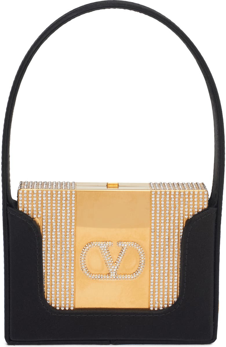 Valentino Garavani Minaumorphe Minaudière Crystal Embelllished Convertible Clutch, Main, color, Antique Brass-Crystal/ Nero