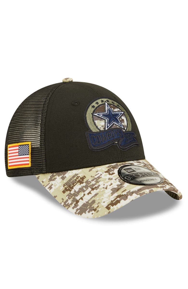 New Era Men's New Era Black/Camo Dallas Cowboys 2022 Salute To Service 9FORTY Snapback Trucker Hat, Main, color,