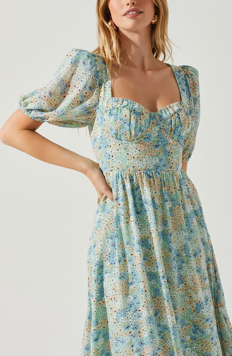 Farm Rio Midi Dress Puff Sleeve Sweetheart Dress ASTR The Label Lunaria  Pleated Floral Midi Dress At MarketFair Shoppes In Princeton, NJ