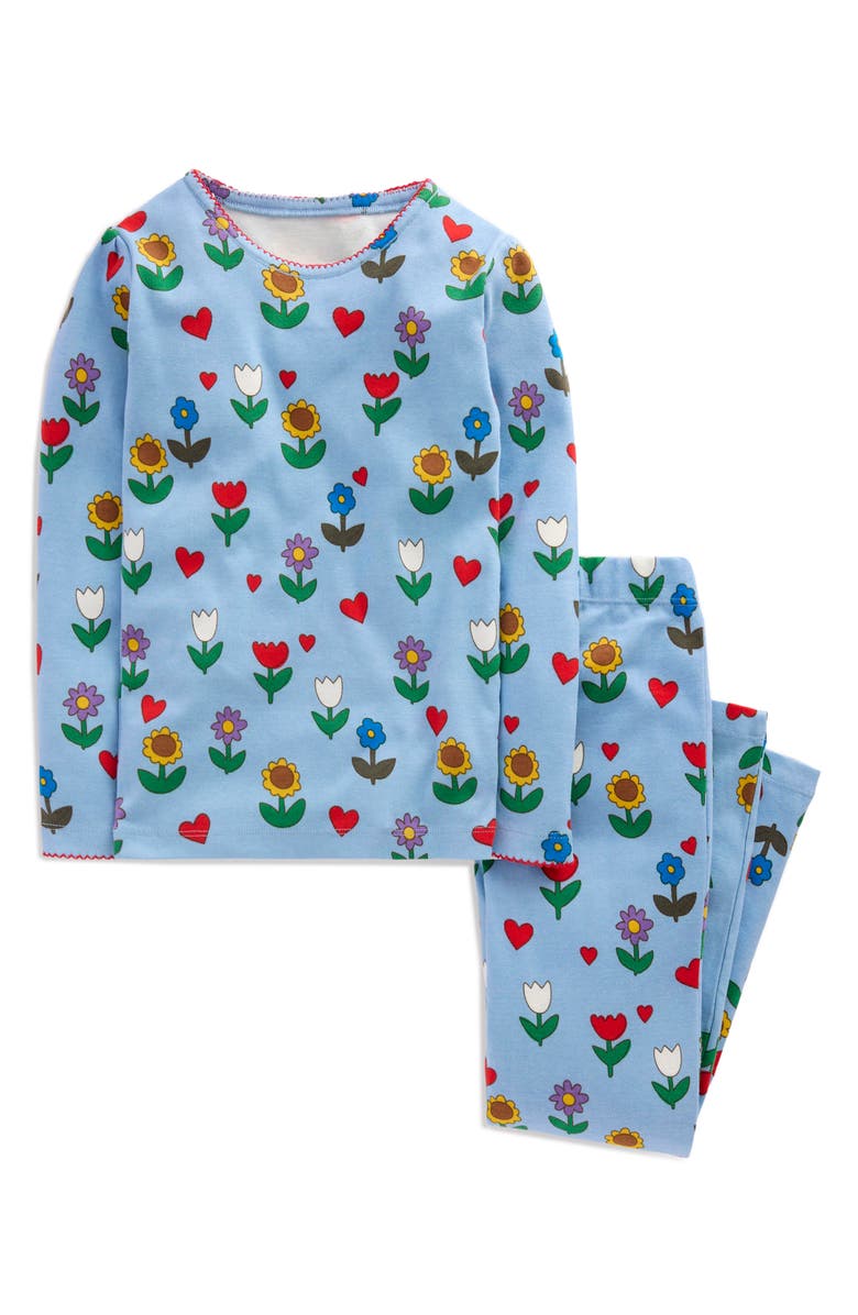 Mini Boden Kids' Snug Long John Fitted Two-Piece Pajamas, Main, color, Glacier Blue Sunflower Garden