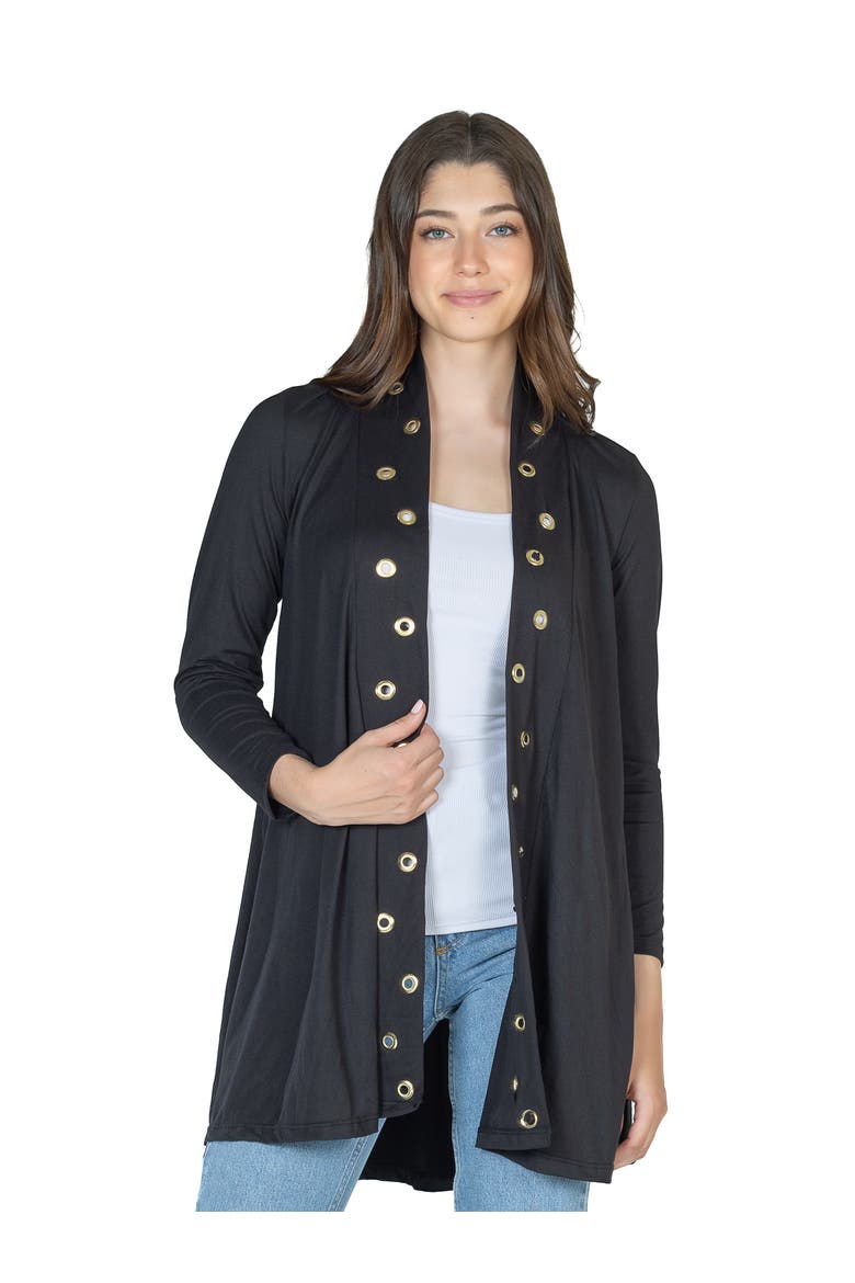 Long Sleeve Mid Thigh Open Front Cardigan with Grommet Details, Main, color, Black