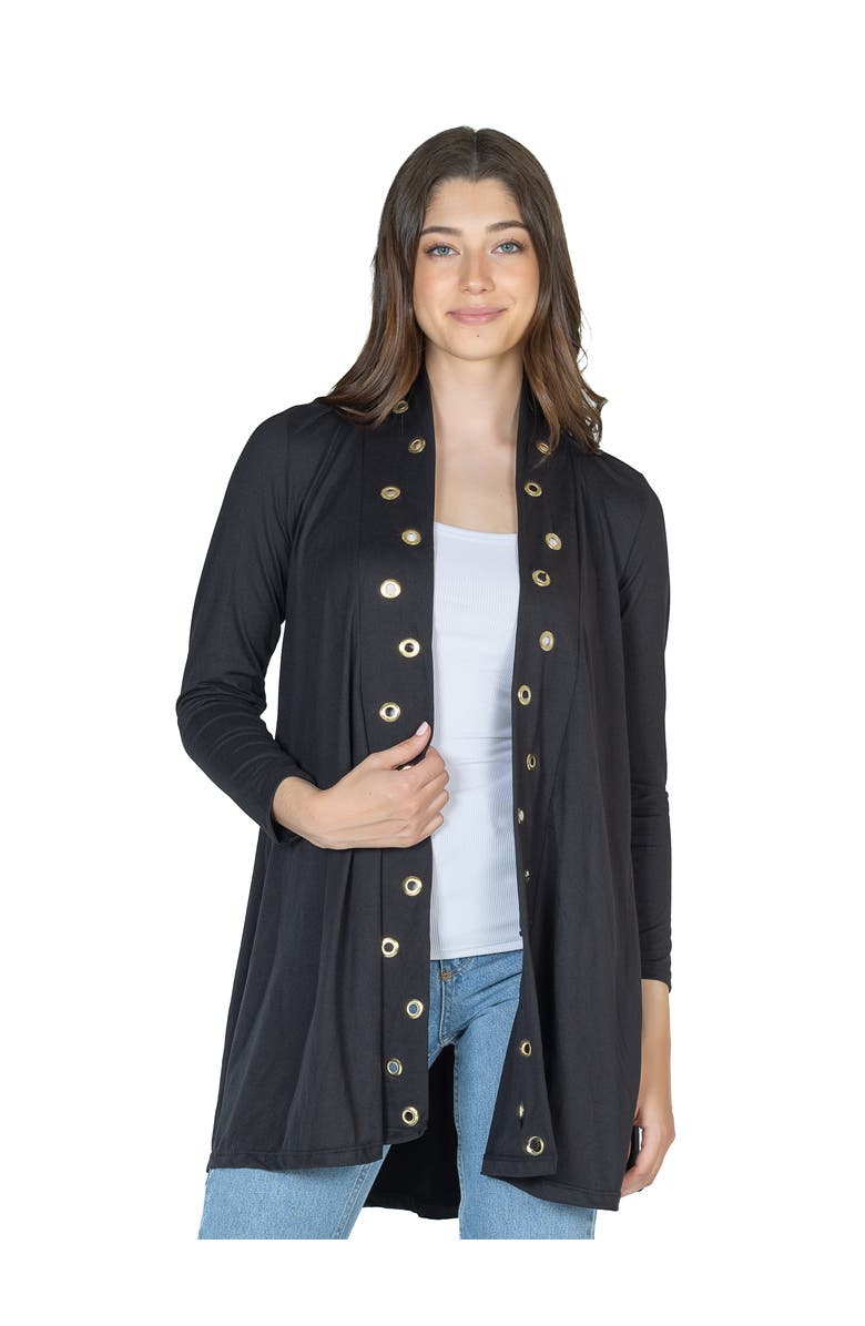 24seven Comfort Apparel Long Sleeve Mid Thigh Open Front Cardigan with Grommet Details, Main, color, Black