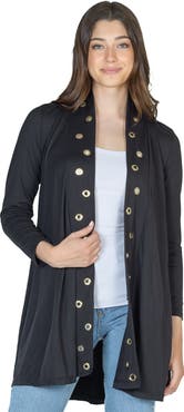 24seven Comfort Apparel Long Sleeve Mid Thigh Open Front Cardigan with Grommet Details