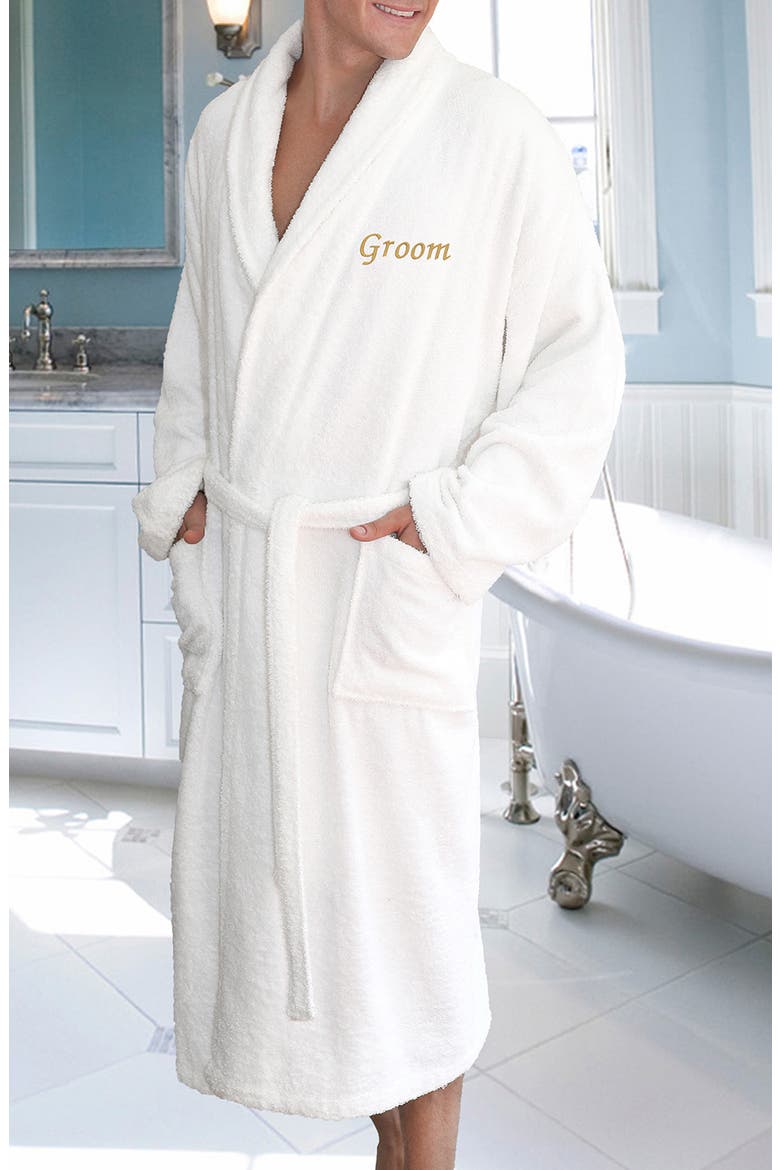 Gold Embroidered 'Groom' Terry Bathrobe, Alternate, color, WHITE