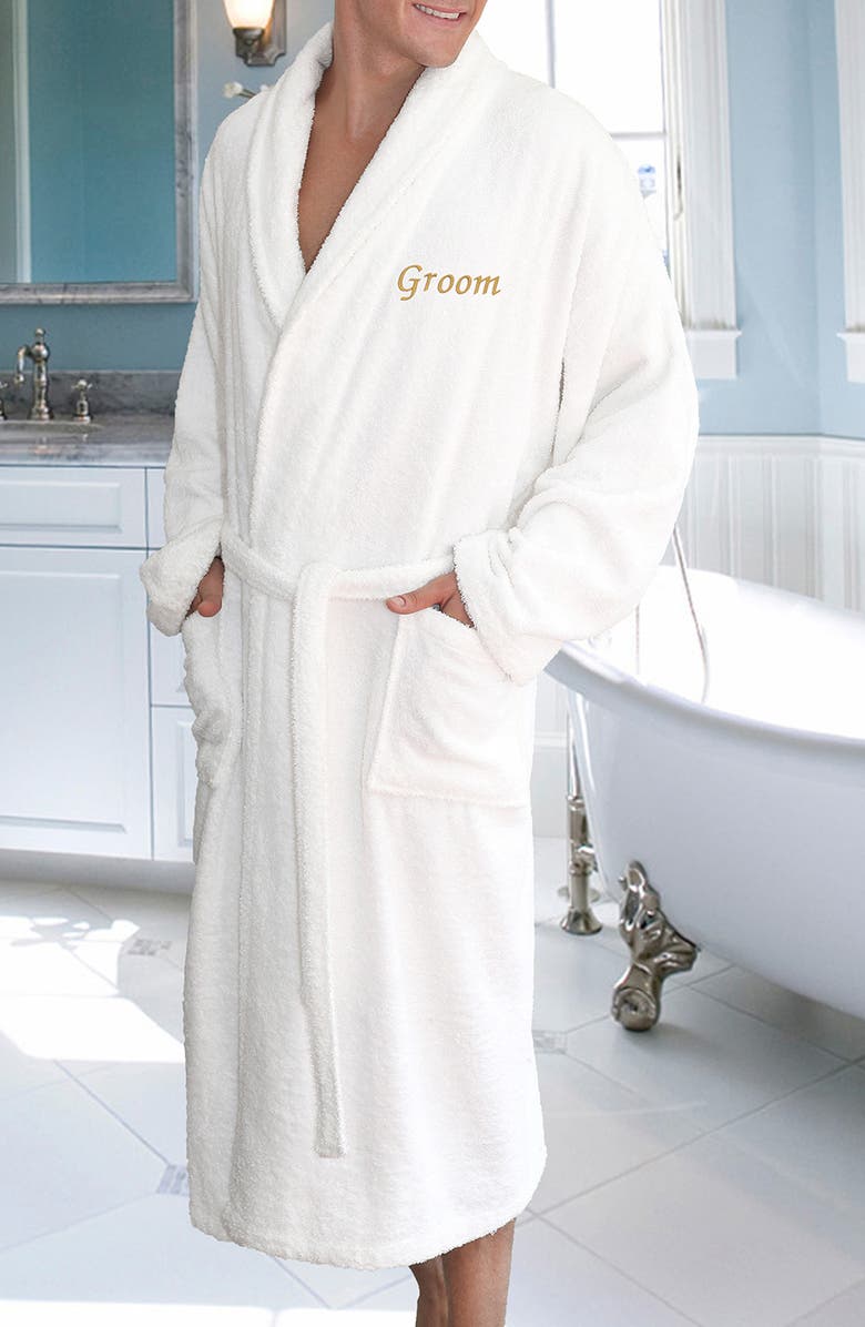 Linum Home Textiles Gold Embroidered 'Groom' Terry Bathrobe, Alternate, color, White
