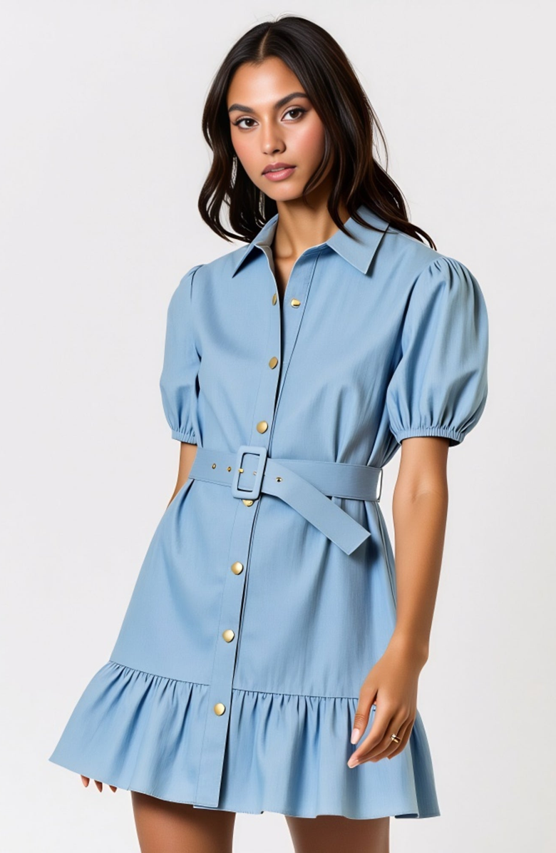 Modenaire Short Sleeve Belted Button-Up Mini Dress with Puff Sleeves, Alternate, color, Blue