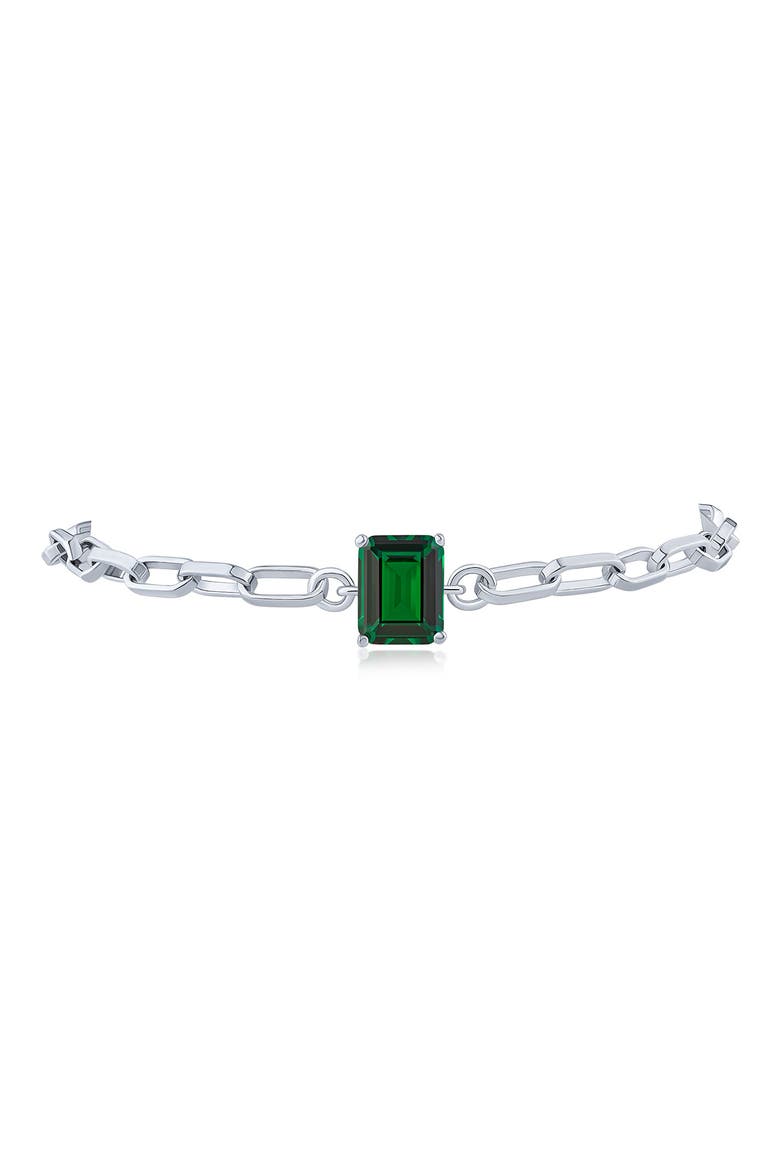 Emerald Cut Cubic Zirconia Paper Clip Chain Bracelet, Main, color, GREEN/ SILVER