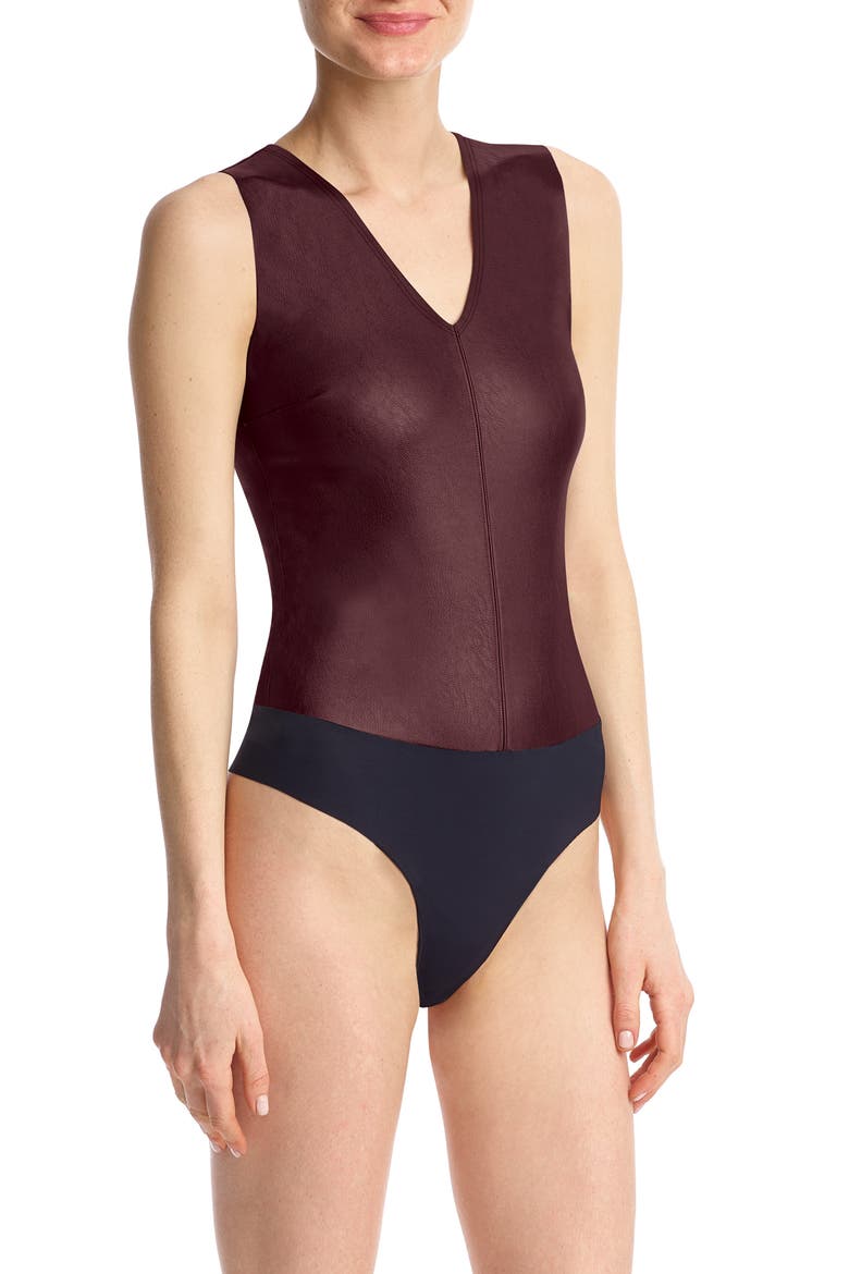 Deep V-Neck Faux Leather Bodysuit, Main, color, OXBLOOD