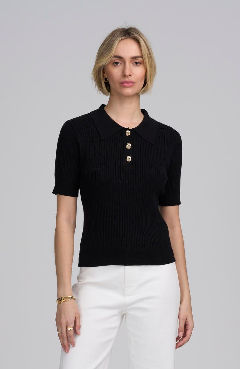 ELLE Collection Fine Gauge Ribbed Short Sleeve Henley, Main, color, Black