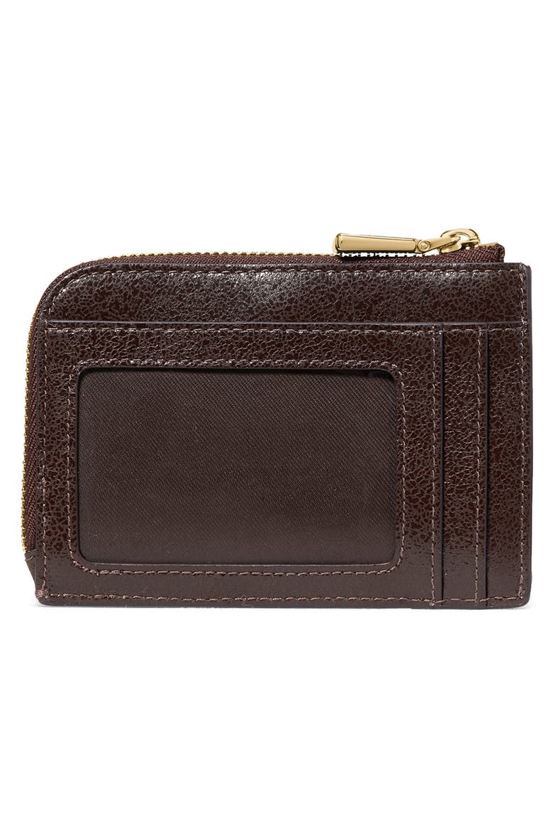 mini glazed leather zip card case, Alternate, color, HOT FUDGE