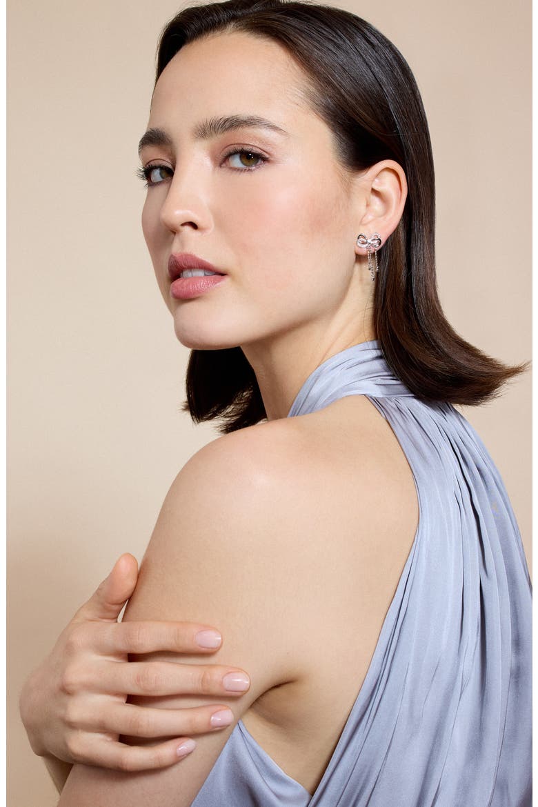 Chain Drop Bow Earrings, Alternate, color, RHODIUM