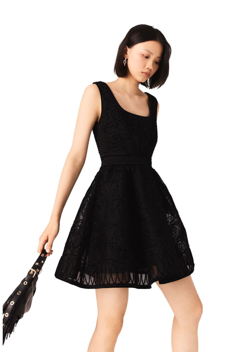 Short embroidered basket knit dress, Alternate, color, Black