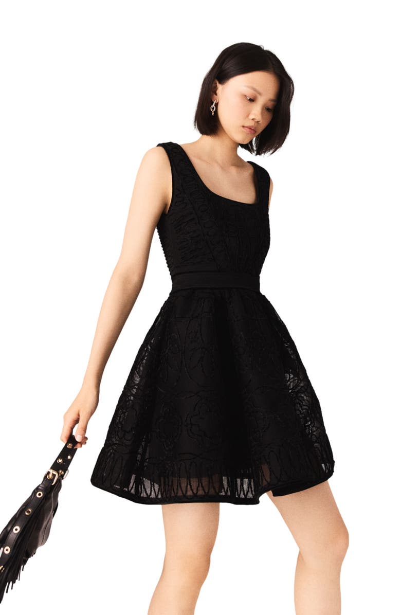 maje Short embroidered basket knit dress, Alternate, color, Black