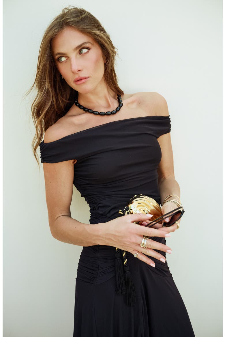 x Hannah Lovey Porter Margaux Off the Shoulder Ruched Dress (Nordstrom Exclusive), Alternate, color, BLACK
