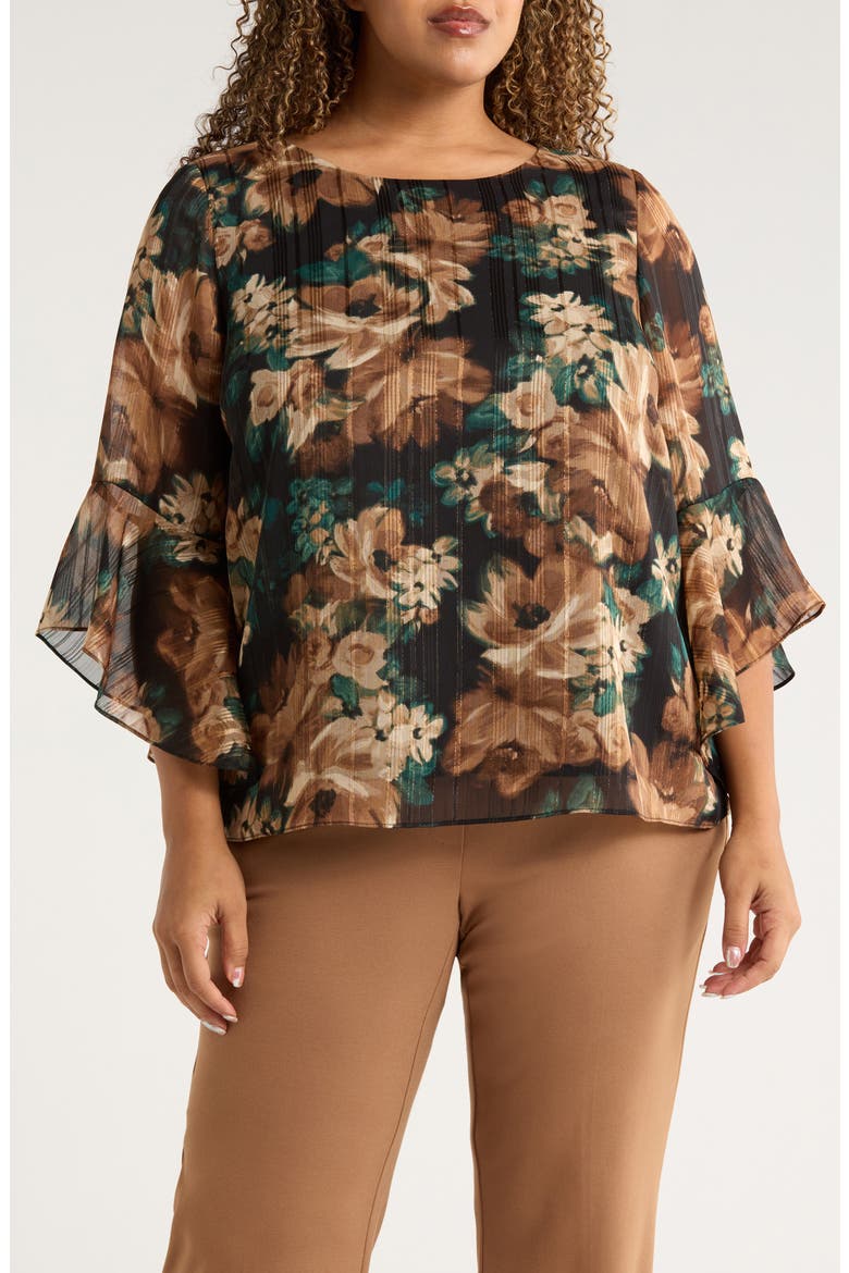 Metallic Floral Ruffle Sleeve Top, Main, color, EVERGREEN MULTI