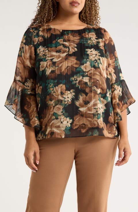 Metallic Floral Ruffle Sleeve Top (Plus)