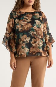 KASPER Metallic Floral Ruffle Sleeve Top