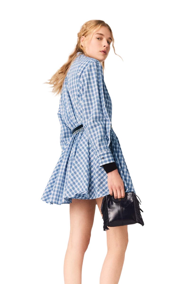 maje Rhinestone-trim cotton shirt dress, Alternate, color, Blue Check Print